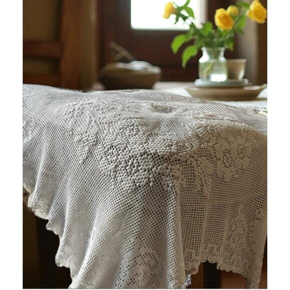 Handcrafted Crochet Tablecloth 36"x32" With Raised Wreath Design & Tatted Edges - Picture 2 of 15